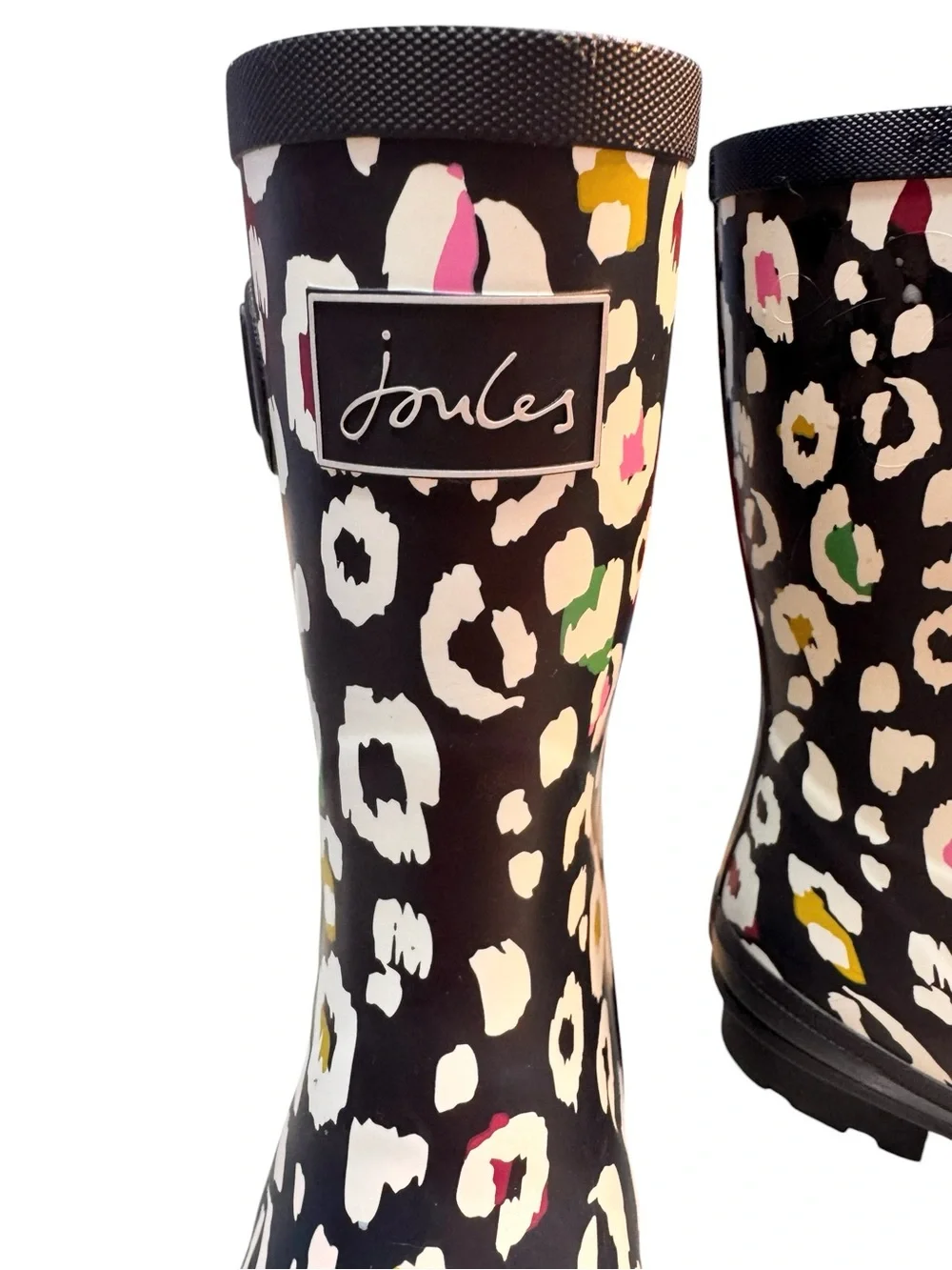 Joules Molly Welly Navy Rain Boots with Multicolor Leopard Spots, Sz 9, EUC